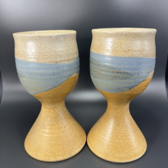 Vintage Large Footed Goblets Cups Set 2 Brown Stoneware Pottery Artist Signed - Picture 13 of 14